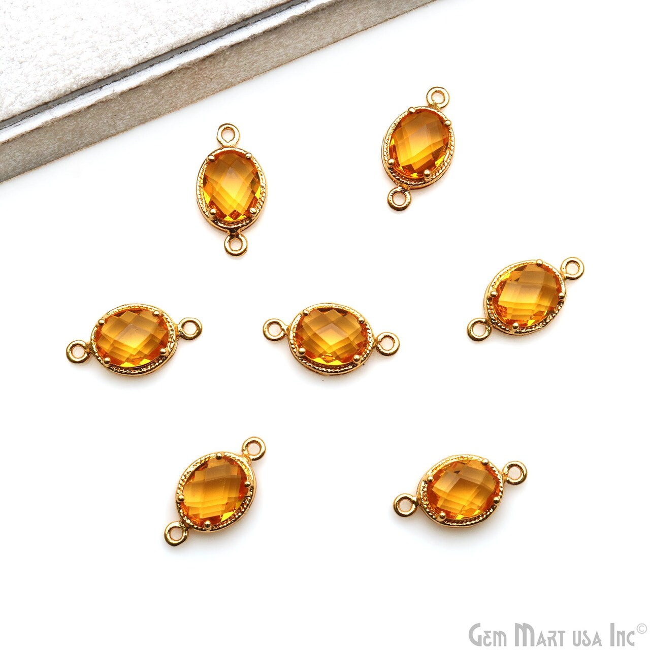 Natural Crystal Oval Gemstone Charms, Birthstone Pendant, 17x10mm Gold Plated Double Bail Bezel Connector 1PC, GemMartUSA (50215)